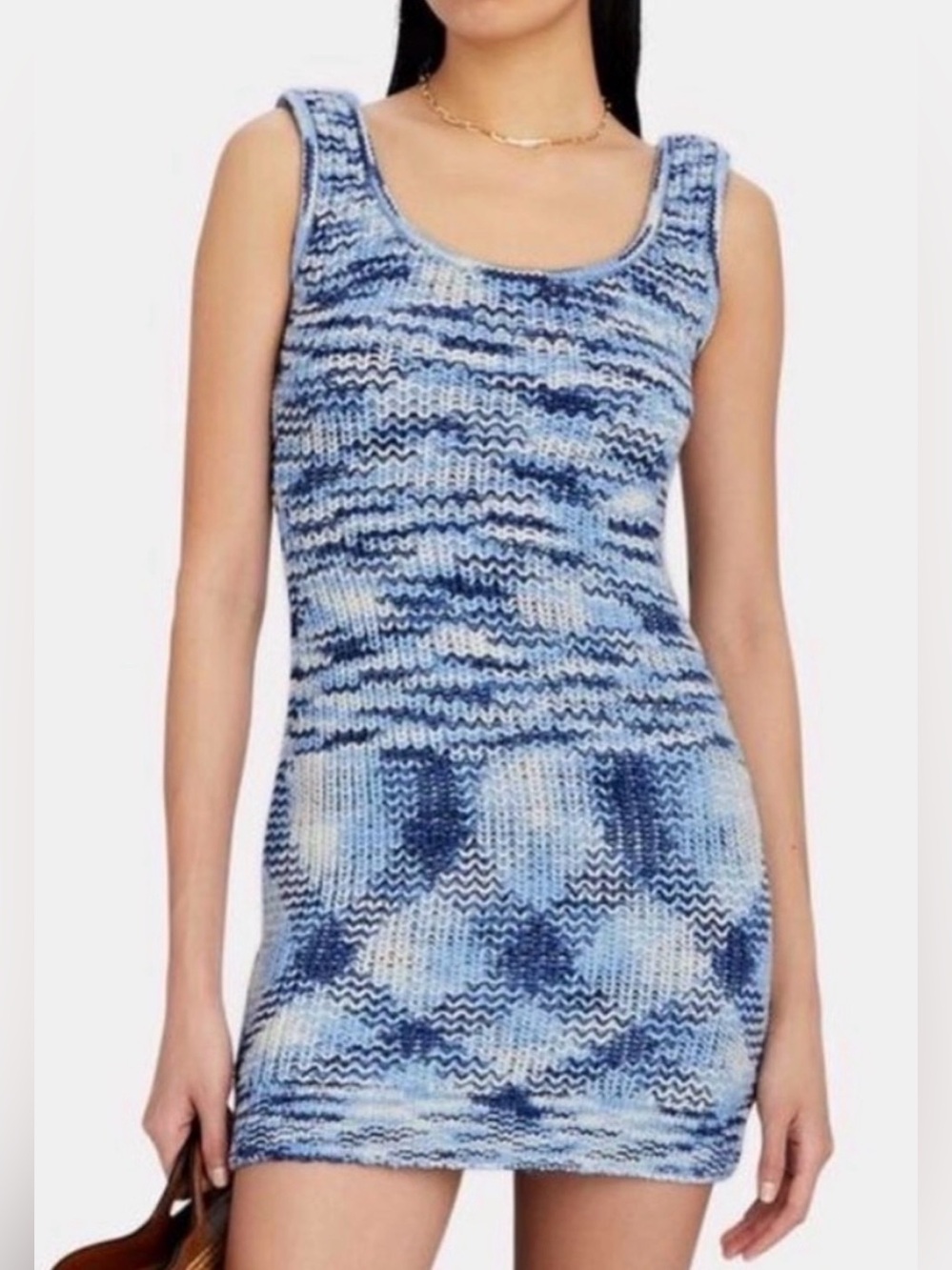 STAUD Gardenia Blue White Marled Knit Mini Dress, NEW